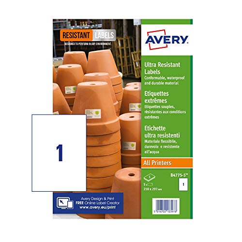 Avery B4775-5 Etiketten, sehr widerstandsfähig, A4, 210 x 297 mm, 5 Etiketten, Weiß von AVERY