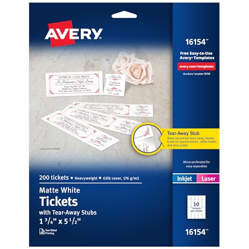 Avery Bedruckbare Tickets mit abreißbaren Stäben, Weiß, 4,5 cm Breite x 14,9 cm Länge – Laser, Tintenstrahldrucker – 20/Blatt – 5/Karton (16154CT) von AVERY