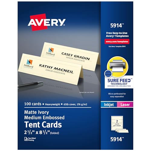 Avery Bedruckbare Zeltkarten mit Sure Feed Technologie, 6,3 x 21,6 cm, elfenbeinfarben mit geprägtem Rand, 100 leere Tischkarten für Laser- oder Tintenstrahldrucker (05914) von Avery