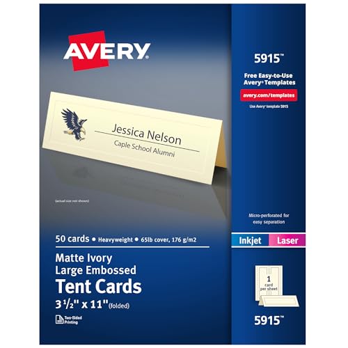 Avery Bedruckbare Zeltkarten, 8,9 x 27,9 cm, elfenbeinfarben mit geprägtem Rand, 50 leere Tischkarten für Laser- oder Tintenstrahldrucker (5915) von Avery
