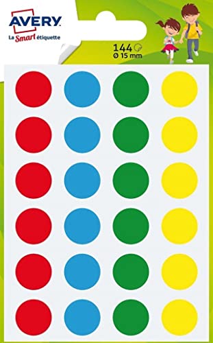 Avery Beutel mit 144 Klebepastillen – Durchmesser 15 mm – 4 Farben (grün, rot, gelb, blau) von Avery