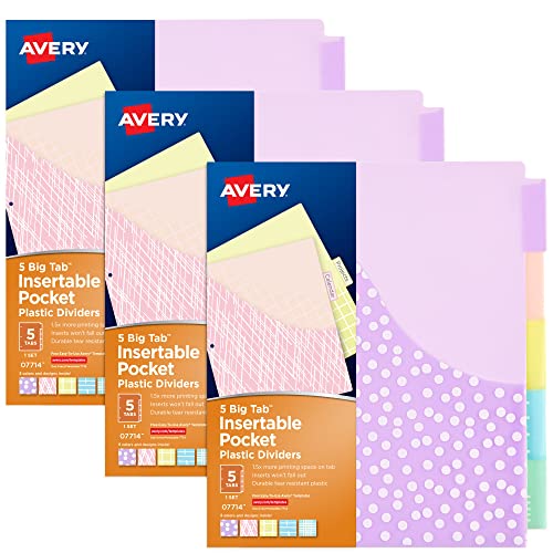 Avery Big Tab Einstecktaschen für 3 Ringbücher, 5 Tabs Set, verschiedene Designs, 3 Sets (11255) von AVERY