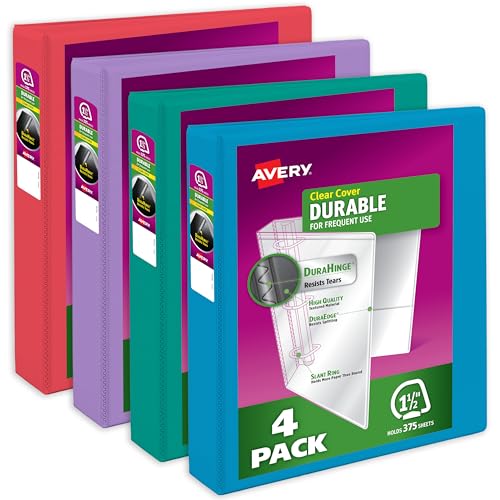 Avery Durable View 05687 Ringbuch, 3,8 cm schräge Ringe, 375 Blatt, DuraScharnier, 5,3 cm breiter Rücken, anpassbare transparente Einband und Rücken, helle Farben, 4 Stück von Avery