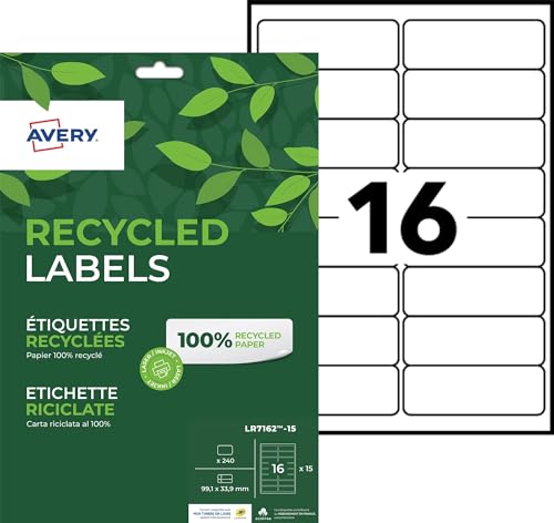 AVERY - Packung mit 240 Etiketten, 100 % recycelt, selbstklebend, individuell bedruckbar, Format 99,1 x 33,9 mm, Laser- und Inkjet-Druck, (LR7162-15) von AVERY