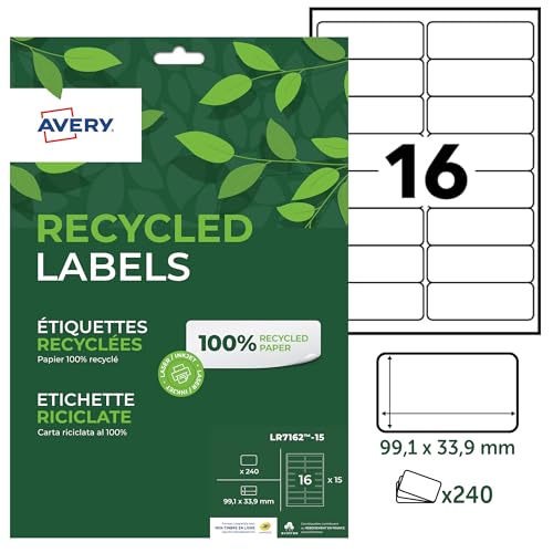 AVERY - Packung mit 240 Etiketten, 100 % recycelt, selbstklebend, individuell bedruckbar, Format 99,1 x 33,9 mm, Laser- und Inkjet-Druck, (LR7162-15) von AVERY