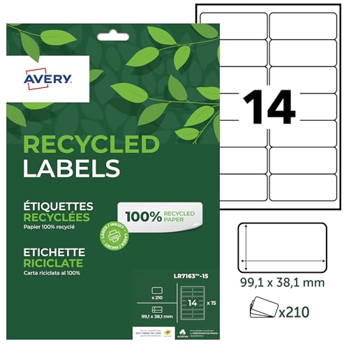 AVERY - Packung mit 210 Etiketten, 100 % recycelt, selbstklebend, individuell bedruckbar, Format 99,1 x 38,1 mm, Laser- und Inkjet-Druck, (LR7163-15) von AVERY