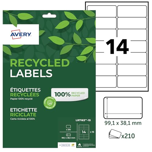 AVERY - 210 weiße selbstklebende Etiketten, personalisierbar, 100% recycelt, Format 99,1 x 38,1 mm, Laser- und Tintenstrahldruck von AVERY
