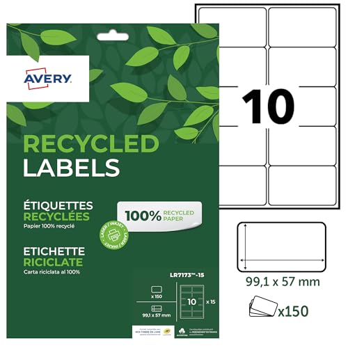 AVERY - 150 weiße selbstklebende Etiketten, personalisierbar, 100% recycelt, Format 99,1 x 57 mm, Laser- und Tintenstrahldruck von Avery