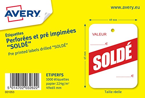 AVERY - 1000 perforierte Etiketten, vorbedruckt, "Soldé" – Format 49 x 65 mm – Papier 224 g/m² von AVERY