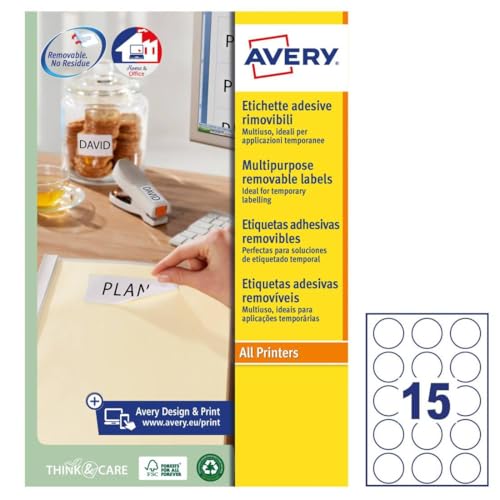 Avery L4853REV Selbstklebende, entfernbare runde Etiketten, alle Drucker, 15 Etiketten pro A4-Blatt, 375 Etiketten, weiß von AVERY