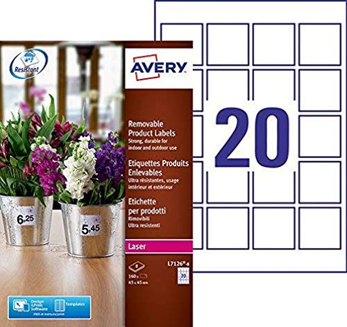 Avery Etiketten, selbstklebend, ablösbar, aus Polyester, 45 x 45 mm, Laserdrucker, 160 Stück von AVERY