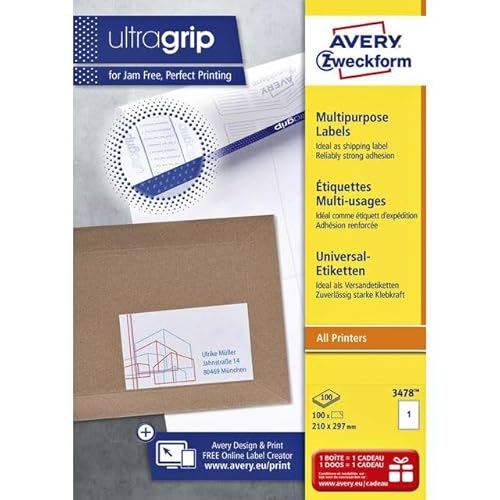 Avery Etiketten vielseitig einsetzbar für Laser- / Tintenstrahldrucker / Kopierer 210 x 297 mm 100 Stück Weiß Avery Etiketten vielseitig einsetzbar für Laser- / Tintenstrahldrucker / Kopierer 210 x 297 mm 100 Stück Weiß von Avery