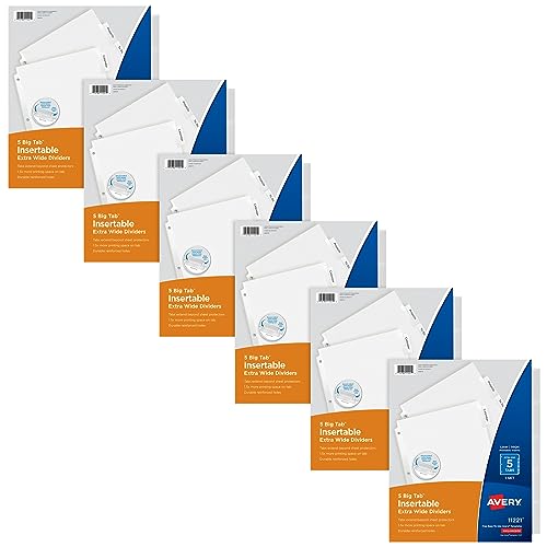 Avery Extrabreite große Tab-Trennblätter für 3 Ringbücher, 5-Tab-Sets, weißes Papier, klare Tabs, 6 Ordner-Trenner-Sets (41121) von AVERY