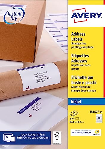 AVERY - Packung mit 240 selbstklebenden Adressaufklebern, personalisierbar und bedruckbar, Format 99,1 x 33,9 mm, Tintenstrahldruck, (J8162-15) von AVERY