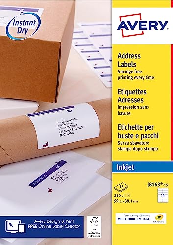 Avery J8163-15 Selbstklebende Etiketten weiß 210 Stück 99,1 x 38,1 mm - A4 Blatt, Tintenstrahldrucker, kompakte Größe, FSC Papier, kompatibel mit My Online Stamp von Avery