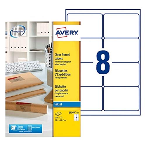 Avery J8565–25 200 transparente, selbstklebende Etiketten; personalisierbar; 99,1 mm x 67,7 mm; Druck: Inkjet von Avery