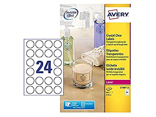 Avery Kristallklare Etiketten für Laserdrucker rund 24 pro Blatt 40 mm Durchmesser 600 Stück transparent von AVERY
