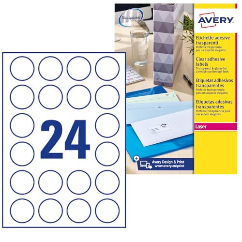 Avery Kristallklare Etiketten für Laserdrucker rund 24 pro Blatt 40 mm Durchmesser 600 Stück transparent von Avery