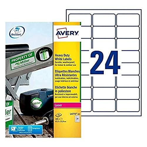 Avery L4773-20 480x Ultra widerstandsfähige Etiketten für Laserdrucker 63,5 x 33,9 mm Weiß von Avery