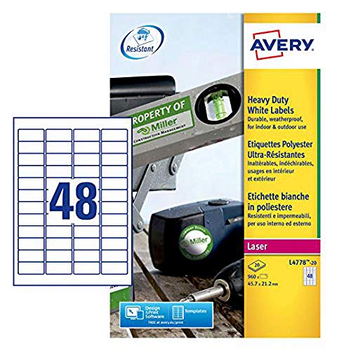Avery L4778-20 (45,7 x 21,2 mm), extra stark haftende, wetterfeste Etiketten, 48 Etiketten pro A4-Blatt, Weiß von AVERY