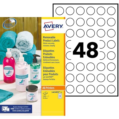Avery Drucker-Etiketten, rund, abnehmbar, 1200 weiße Etiketten – 48 Etiketten pro Blatt Avery Drucker-Etiketten, rund, abnehmbar, 1200 weiße Etiketten – 48 Etiketten pro Blatt von Avery