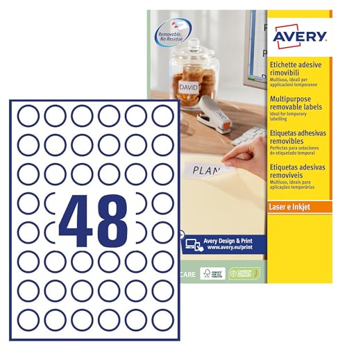 Avery Selbstklebende abnehmbare runde Etiketten, 1200 weiße Etiketten – 48 Etiketten pro Bogen von AVERY