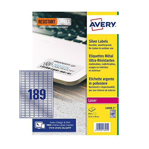 Avery L6008-5 Etiketten, A4, 25 x 10 mm, 945 Etiketten, silberfarben von Avery