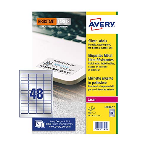 Avery L6009-5 Etiketten, A4, 46 x 21 mm, silberfarben, 240 Etiketten von Avery