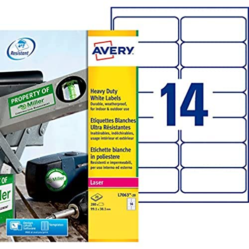 Avery L7060-20 – Packung mit Etiketten aus Polyester, Weiß, 99,1 x 38,1 mm von AVERY