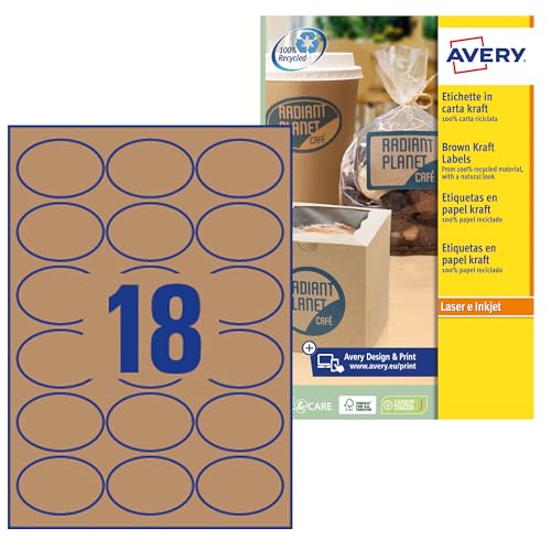 AVERY - 360 ovale selbstklebende und ablösbare Etiketten in Kraftpapier Optik - Individuell bedruckbar - Format 63,5 x 42,3 mm - Laser/Inkjet (L7103-20) AVERY - 360 ovale selbstklebende und ablösbare Etiketten in Kraftpapier Optik - Individuell bedruckbar - Format 63,5 x 42,3 mm - Laser/Inkjet (L7103-20) von Avery