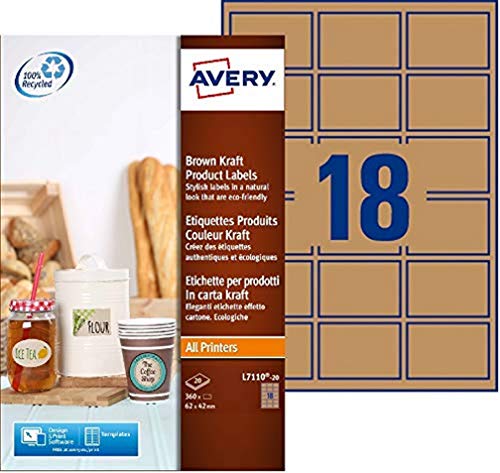 Avery Produktetiketten, 18 pro Blatt, 62 x 42 mm, Braun, Kraftpapier, rechteckig, Ref. L7110-20, 360 Etiketten von Avery
