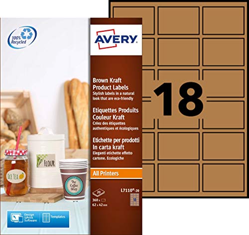 Avery Produktetiketten, 18 pro Blatt, 62 x 42 mm, Braun, Kraftpapier, rechteckig, Ref. L7110-20, 360 Etiketten von Avery