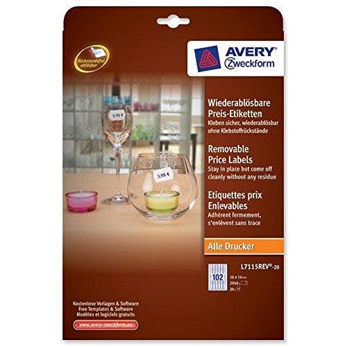 Avery L7115REV-20 Rechteckige Preis-Etiketten ablösbar Papier 26 x 16 mm 2040 Stück Weiß Avery L7115REV-20 Rechteckige Preis-Etiketten ablösbar Papier 26 x 16 mm 2040 Stück Weiß von Avery