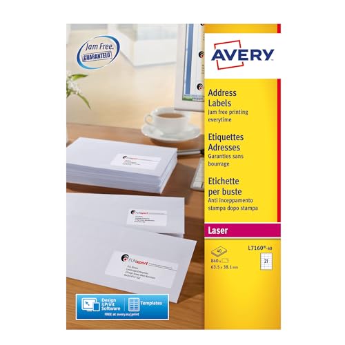 Avery Selbstklebende Adress-Versandetiketten (Amazon FBA-Barcode-Etiketten), Laserdrucker, 21 Etiketten pro A4-Blatt, 840 Etiketten, UltraGrip (L7160), weiß von Avery