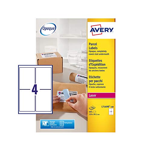 Avery L7169B Selbstklebende Paketetiketten, Laserdrucker, 4 Etiketten pro A4-Blatt, 400 Etiketten, BlockOut Avery L7169B Selbstklebende Paketetiketten, Laserdrucker, 4 Etiketten pro A4-Blatt, 400 Etiketten, BlockOut von Avery