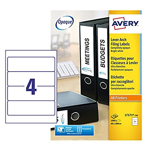 Avery L7171–250 Aktenordner-Etiketten, für Laser-/Tintenstrahldrucker, permanent, 200 x 60 mm, weiß von Avery