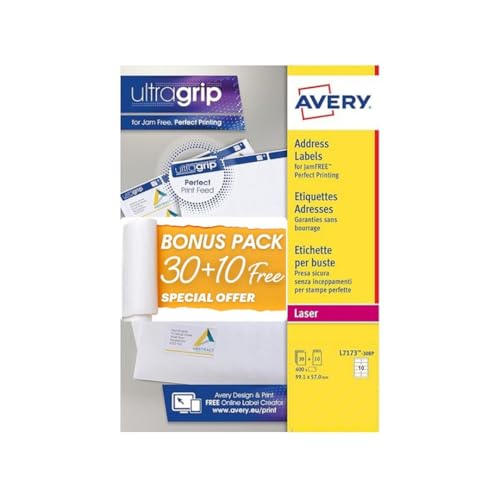 Avery L7173™-30BP Etiketten für Laserdrucker, blanko, A4, 99,1 x 57,0 mm, UltraGrip, Weiß von AVERY