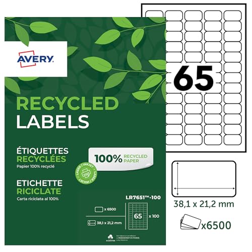 Avery LR7651-100 Klebeetiketten, 38,1 x 21,2 mm, aus zu 100 % recycelten Materialien, 6.500 Stück von AVERY