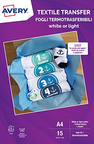 Avery UK MD1004.UK Textil-Transferpapier für helle Baumwolle, Laserdrucker, 1 bedruckbares Stofftransferpapier pro A4-Blatt, 15 Blatt pro Packung, Weiß Avery UK MD1004.UK Textil-Transferpapier für helle Baumwolle, Laserdrucker, 1 bedruckbares Stofftransferpapier pro A4-Blatt, 15 Blatt pro Packung, Weiß von Avery