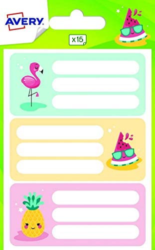 AVERY - Beutel mit 15 Etiketten für Notizbücher und Schulmaterialien, tropisches Design: Flamingo, Wassermelone und Ananas, Format 76 x 34 mm, mehrfarbig von AVERY