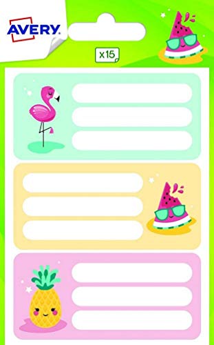 AVERY - Beutel mit 15 Etiketten für Schulmaterial und Schulmaterial, tropisches Design: Flamingo, Wassermelone und Ananas, Format 76 x 34 mm, mehrfarbig AVERY - Beutel mit 15 Etiketten für Schulmaterial und Schulmaterial, tropisches Design: Flamingo, Wassermelone und Ananas, Format 76 x 34 mm, mehrfarbig von Avery