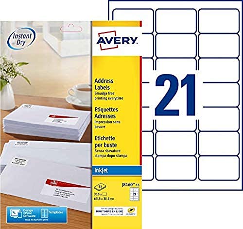 AVERY - 315 selbstklebende Adressetiketten zum Bedrucken, personalisierbar, weiß, Format 63,5 x 38,1 mm, Tintenstrahldrucker, (J8160-15) von AVERY