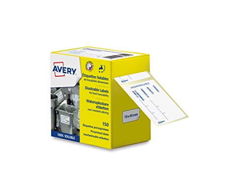 AVERY - Rolle mit 150 wasserlöslichen Etiketten zur Rückverfolgbarkeit von Lebensmitteln, vorgedruckt, für Restaurant oder Zuhause, 70 x 40 mm von AVERY