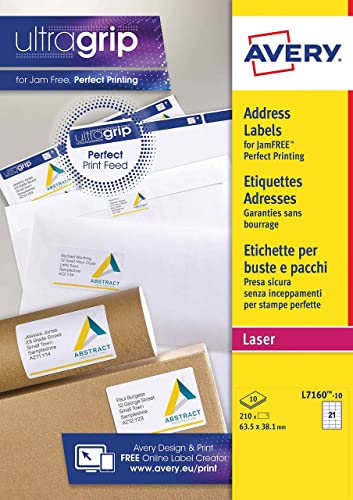 Avery Selbstklebende Adress-Adressetiketten (Amazon FBA Strichcode-Etiketten), Laserdrucker, 21 Etiketten pro A4-Bogen, 210 Etiketten, UltraGrip (L7160) von AVERY