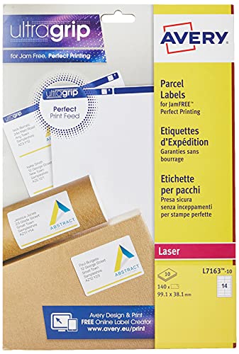 Avery Selbstklebende Adress-Versand-Etiketten, Laserdrucker, 14 Etiketten pro A4-Blatt, 140 Etiketten, UltraGrip (L7163), Weiß von AVERY