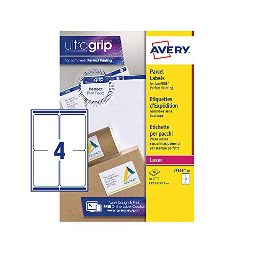 Avery JamFree L7169 Paket-Etiketten, bedruckbar, FSC-zertifiziert, 139 x 99,1 mm, Weiß, 4 Etiketten pro Blatt, 40 Blanko-Etiketten pro Packung von Avery