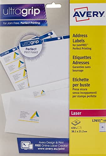 Avery Selbstklebende Adress-Versand-Etiketten, Laserdrucker, 38,1 x 21,2 mm, 65 Etiketten pro A4-Blatt, 650 Etiketten, UltraGrip (L7651), Weiß von AVERY