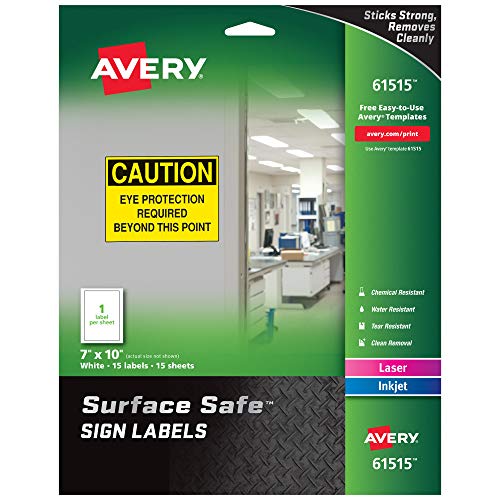 Avery Surface Safe Sicherheitsschild-Etiketten, bedruckbar, sauber entfernbar, wasserabweisend, 17,8 x 25,4 cm, 15 Stück (61515) von Avery