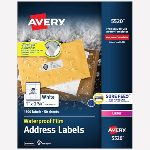 Avery Wasserdichte Aufkleber-Etiketten für Drucker, 2,5 x 7,1 cm, Ultrahold permanent klebend, Laserdrucker, 1.500 bedruckbare Avery Adress-Etikettenbögen (5520) von Avery