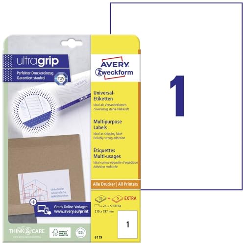 Avery-Zweckform 6119 Etiketten 210 x 297 mm Papier Weiß 30 St. Permanent Universal-Etiketten Tinte, Laser, Kopie 30 Bla Avery-Zweckform 6119 Etiketten 210 x 297 mm Papier Weiß 30 St. Permanent Universal-Etiketten Tinte, Laser, Kopie 30 Bla von Avery